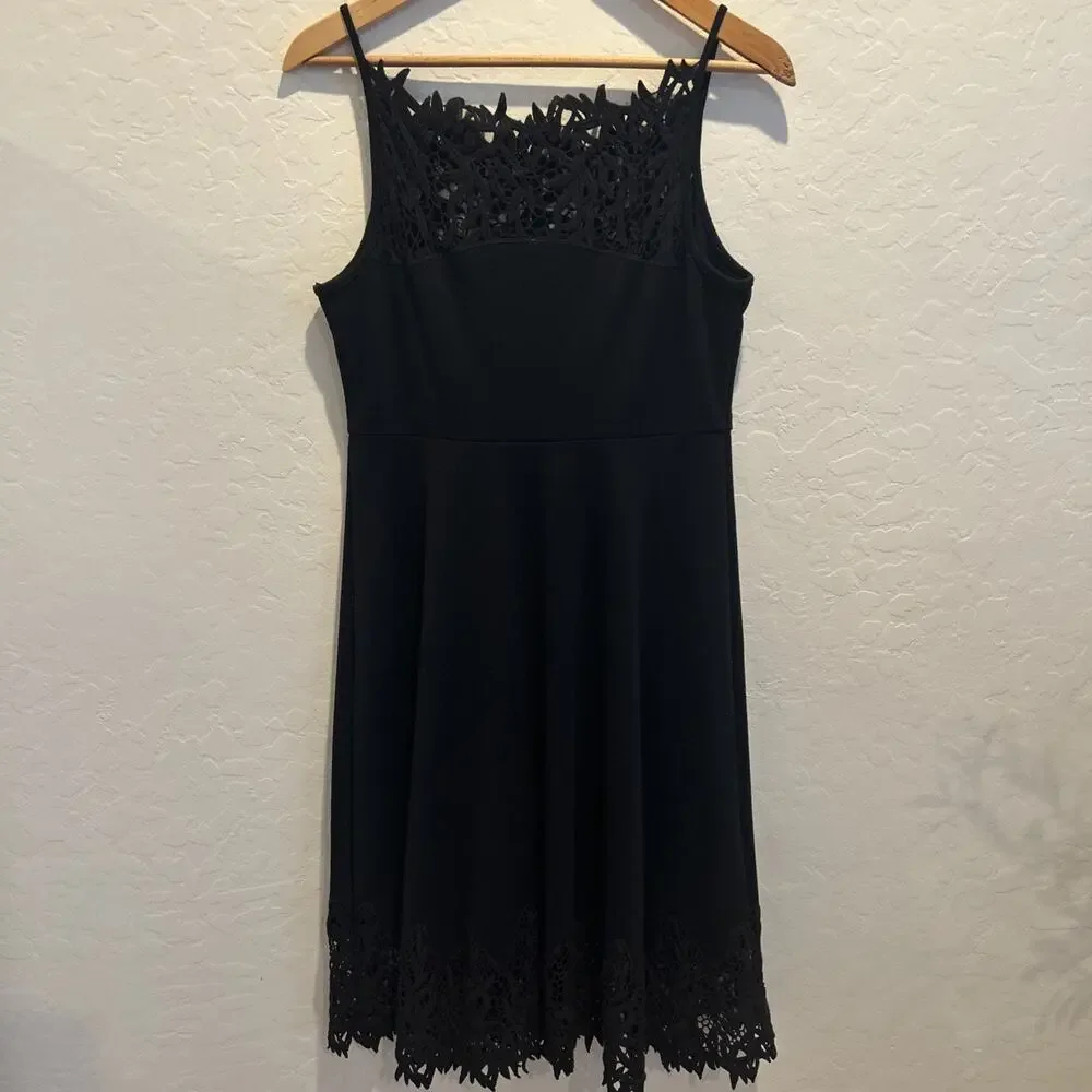 Free People Black Forget Me Not Fit/Flare Stretch Ponte Crochet Eyelet Dress M‎